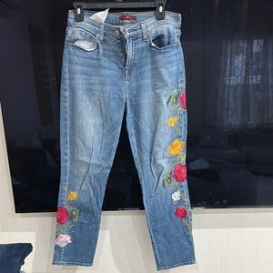 7 For All Mankind Blue and Red Straight Leg Jeans with Floral Embroidery